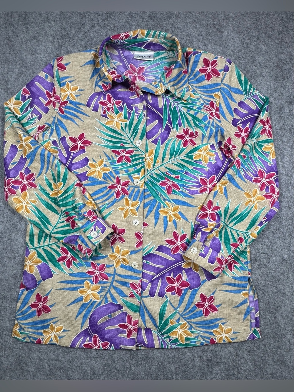 Vintage GRAFF Colorful Tropical Floral Button-Up Blouse Short Sleeve Multicolor